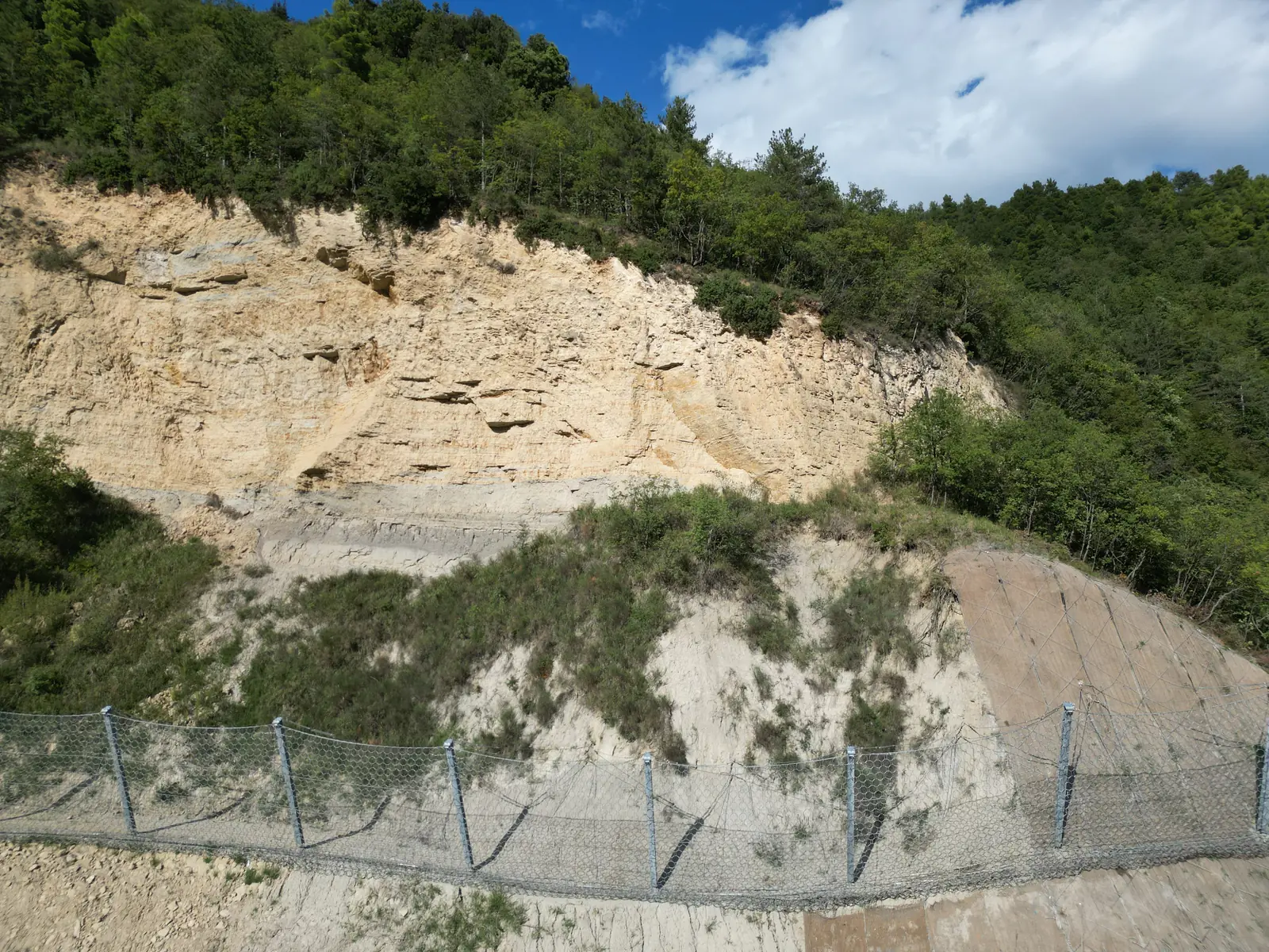Linea di barriere paramassi con montanti in acciaio sotto una parete di roccia