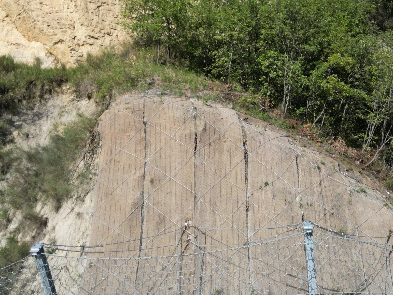 Barriera paramassi con montanti e controventi installata sotto una parete rocciosa